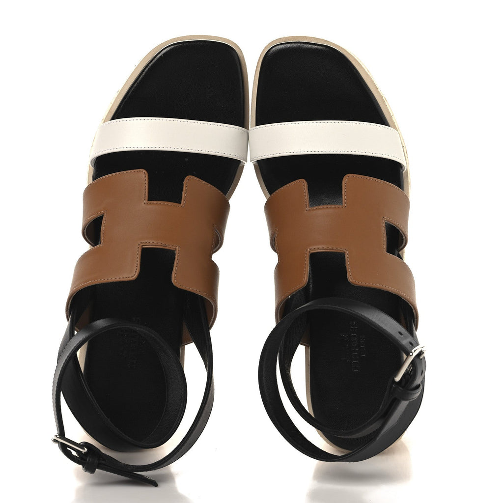 Calfskin Cork Havane 30 Wedge Sandals 38 Black Gold White