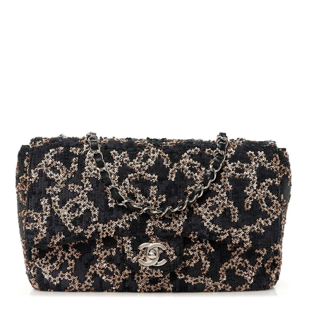 Sequin Medium Single Flap Black Gold