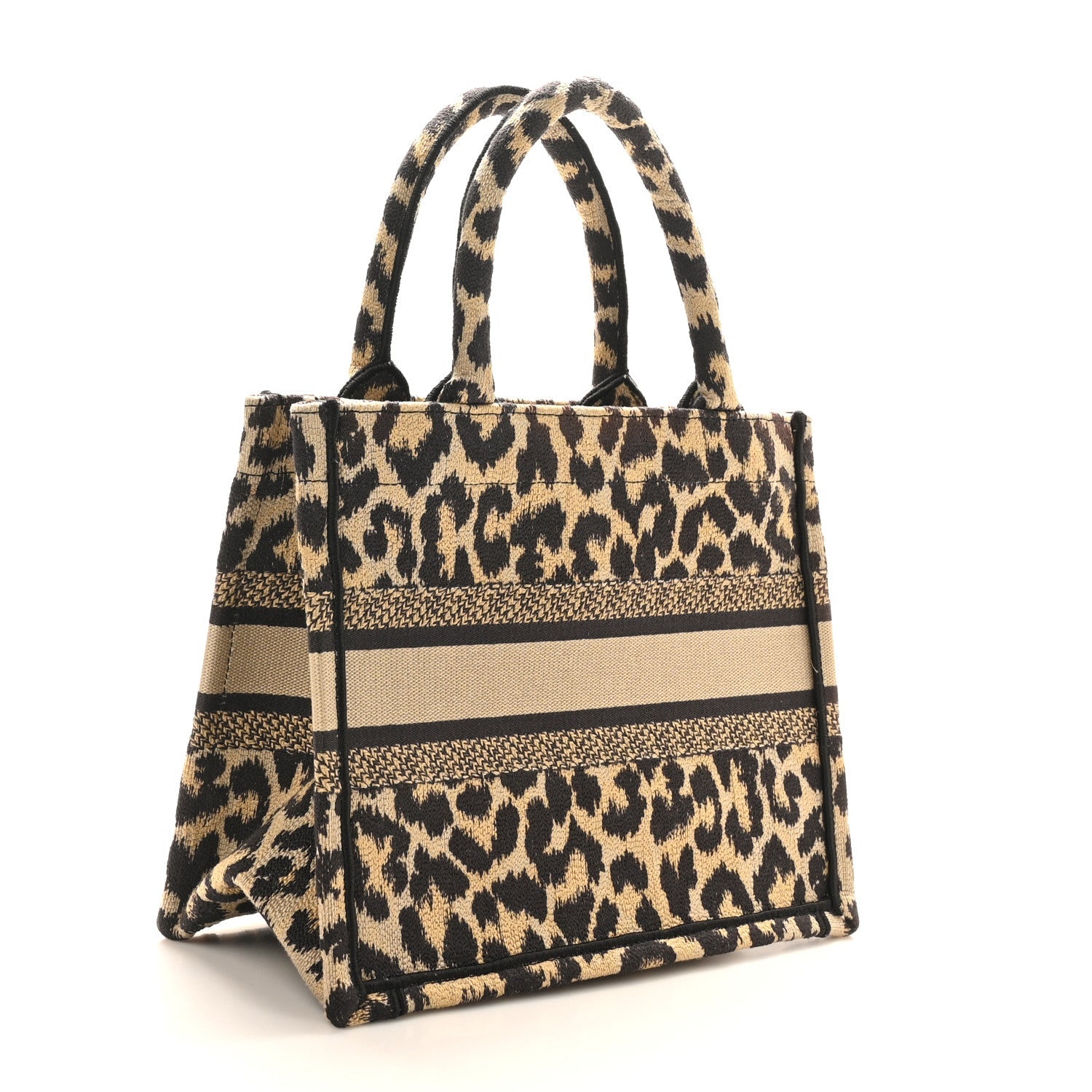 Canvas Mizza Embroidered Small Leopard Book Tote Beige