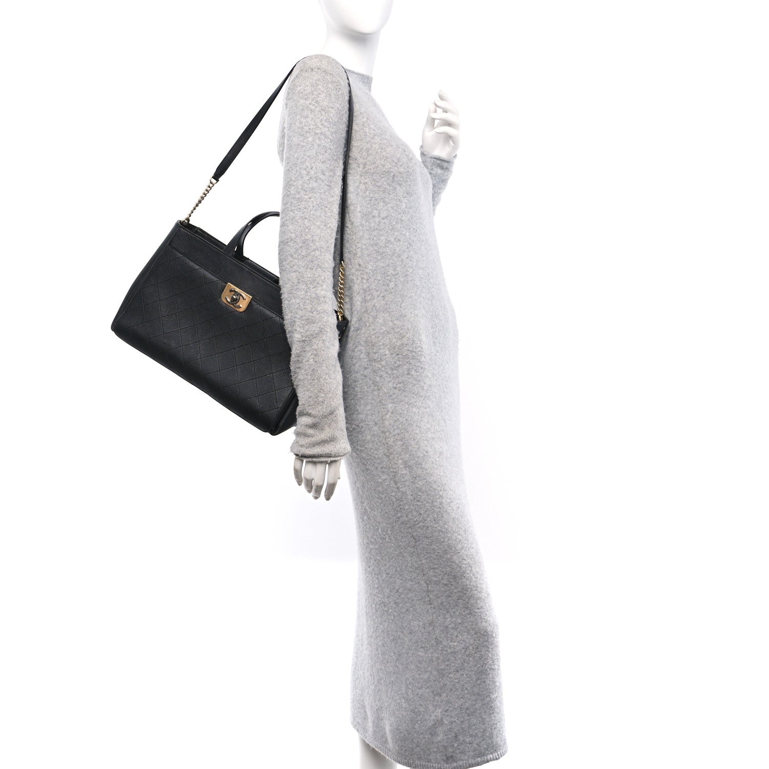 Calfskin Stitched Large Straight Lines Shopping Tote Black