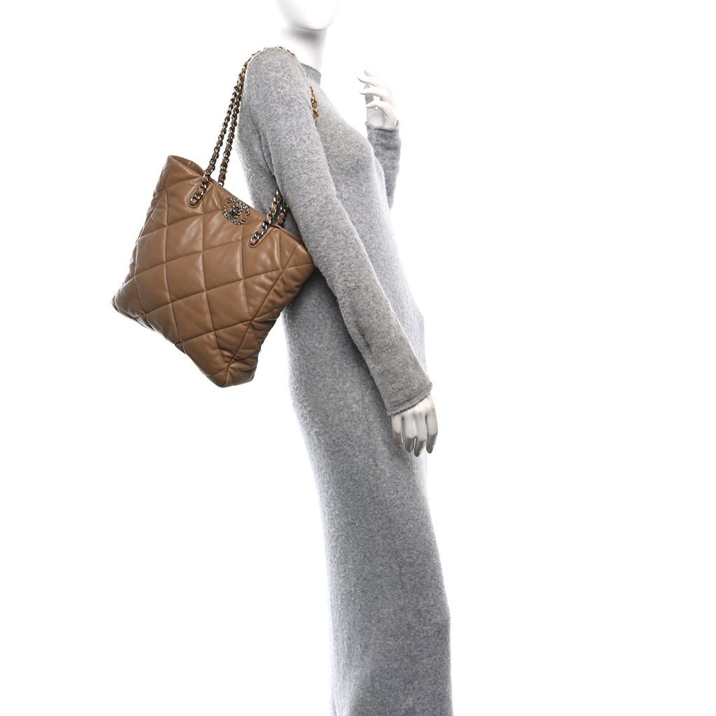 Lambskin Quilted Chanel 19 Shopping Bag Beige