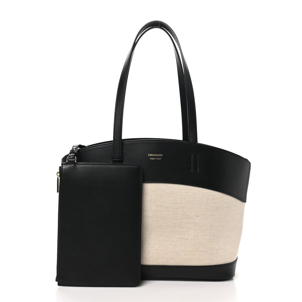 Canvas Calfskin Charming Tote Natural Black