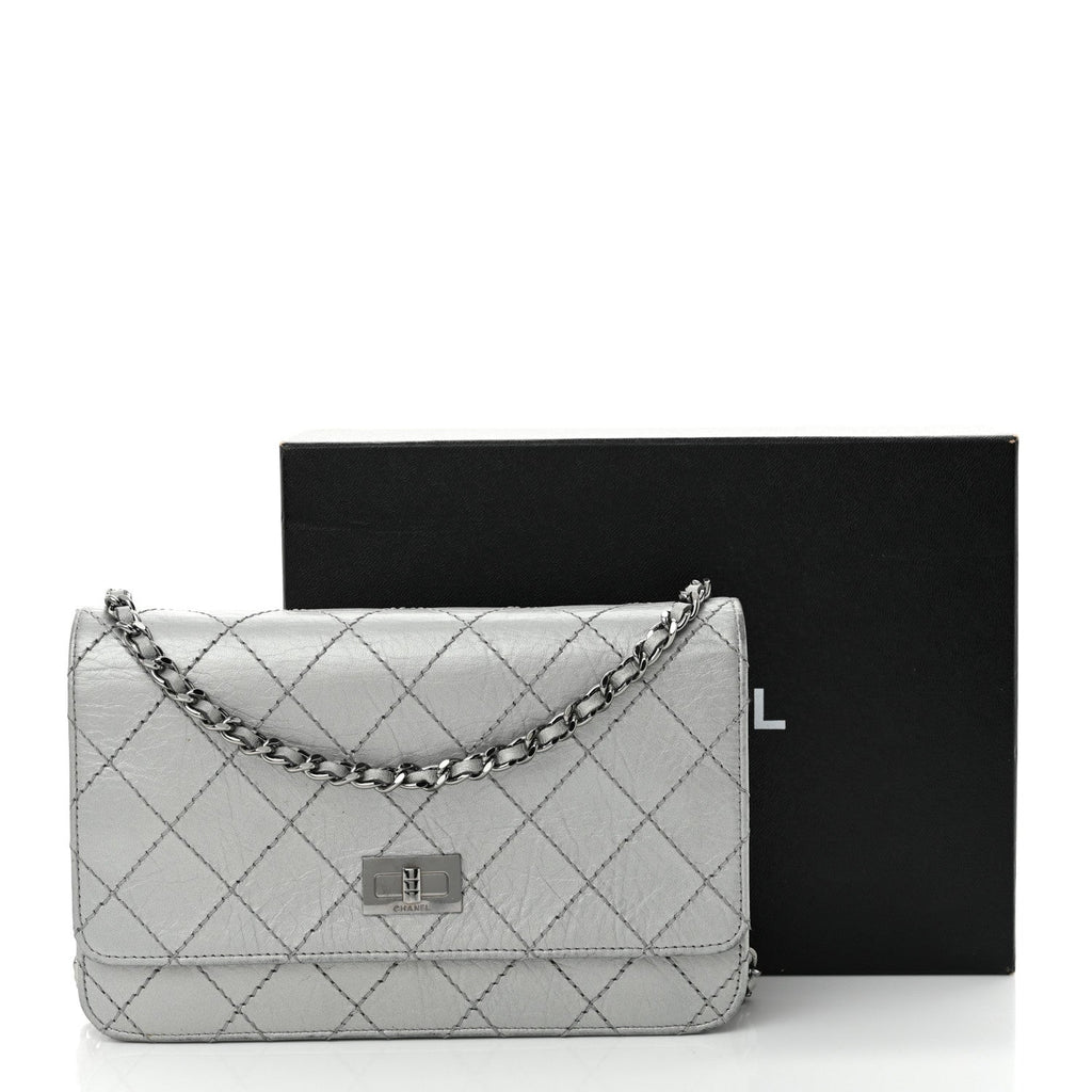 Metallic Aged Calfskin Quilted Reissue Wallet On Chain WOC Silver