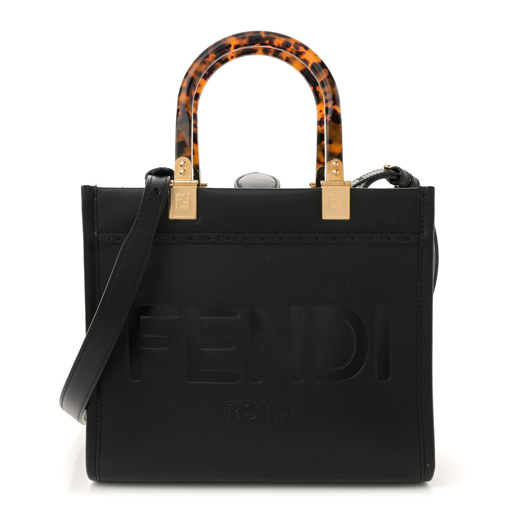 Vitello King Plexiglass Logo Embossed Small Fendi Sunshine Shopper Tote Black