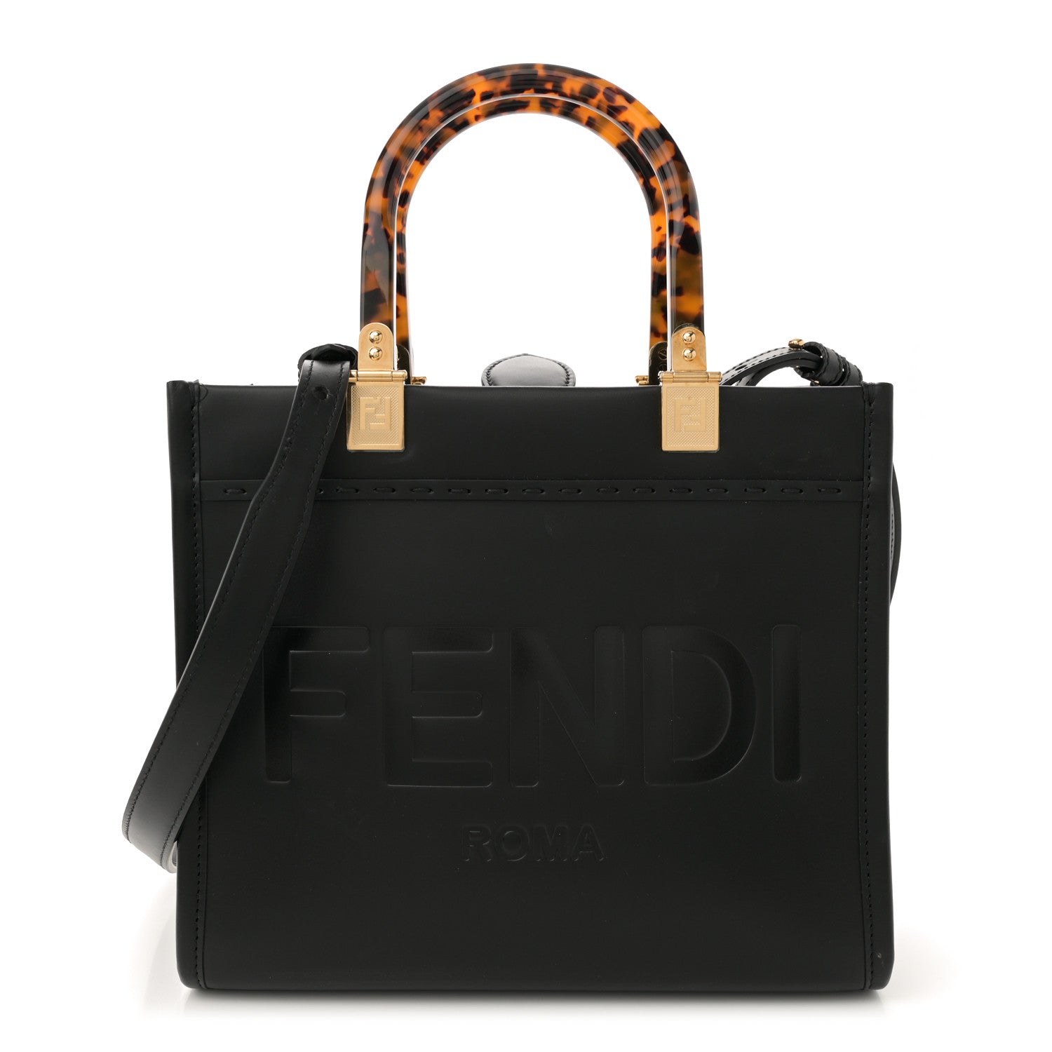Vitello King Plexiglass Logo Embossed Small Fendi Sunshine Shopper Tote Black