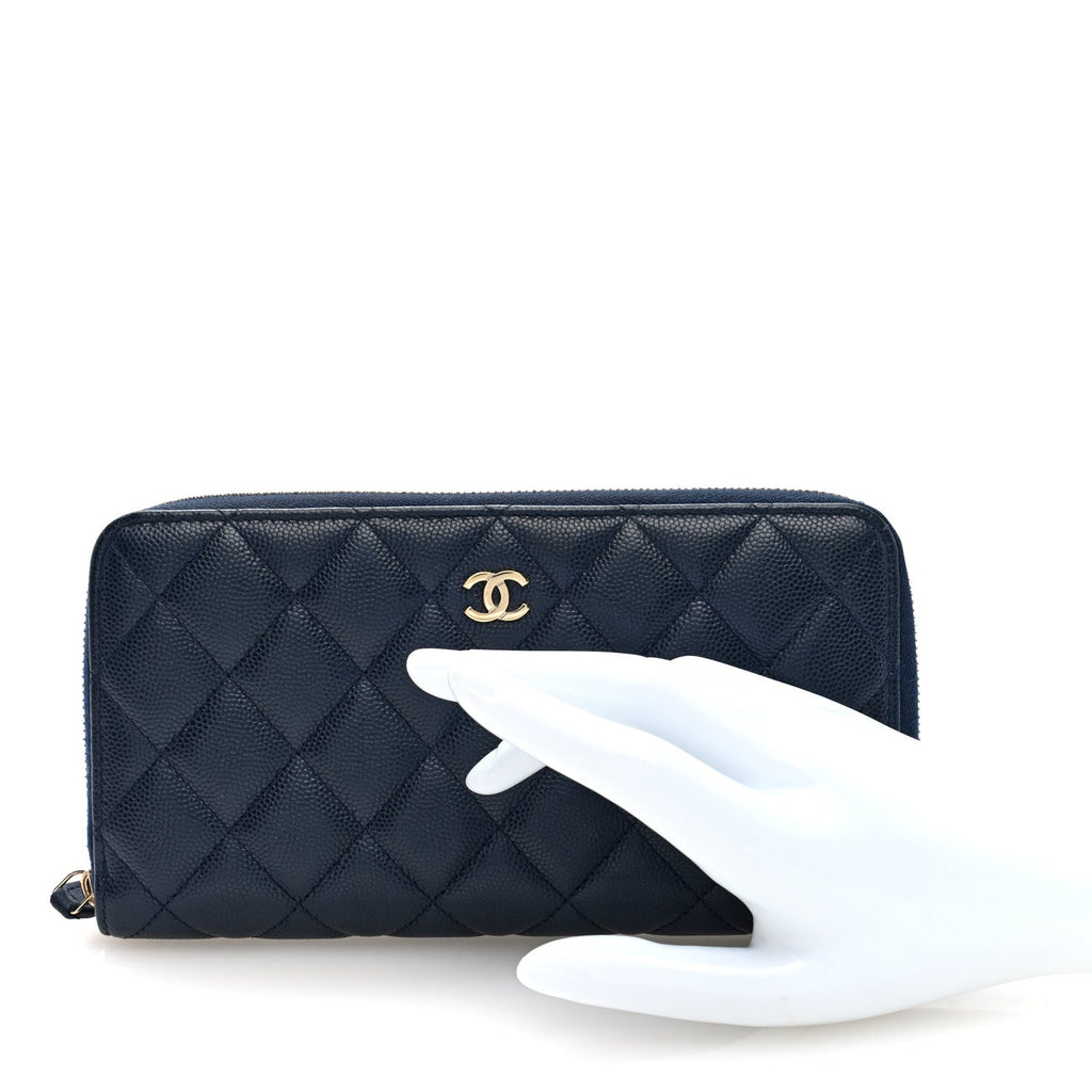 Caviar Quilted Large Gusset Zip Around Wallet Navy