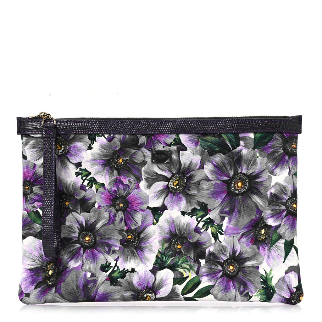 Canvas Vitello Iguana Embossed Anemone Print Pouch Purple