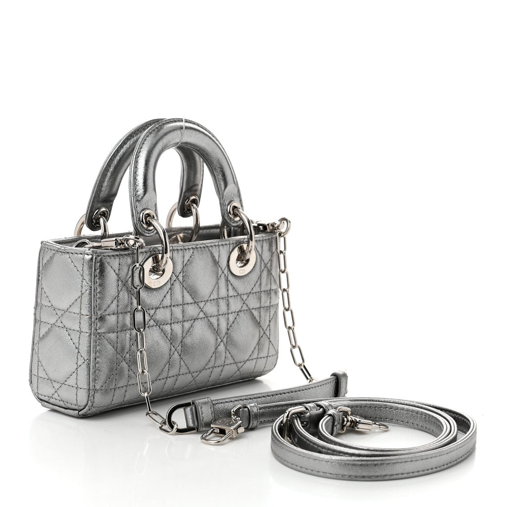 Metallic Lambskin Cannage Micro Lady D-Joy Silver