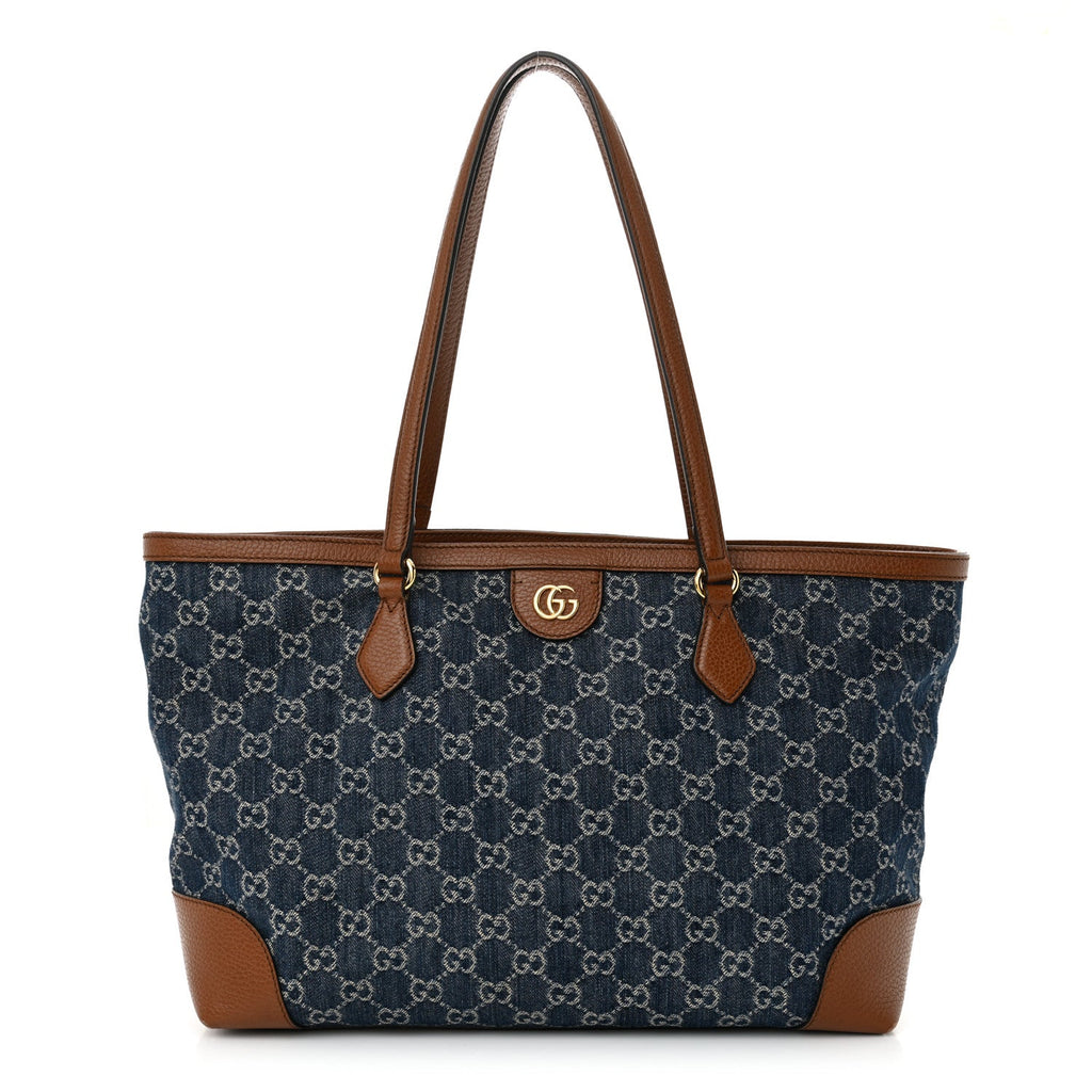 New Denim GG Monogram Medium Ophidia Shopping Tote Blue Tea Cuir