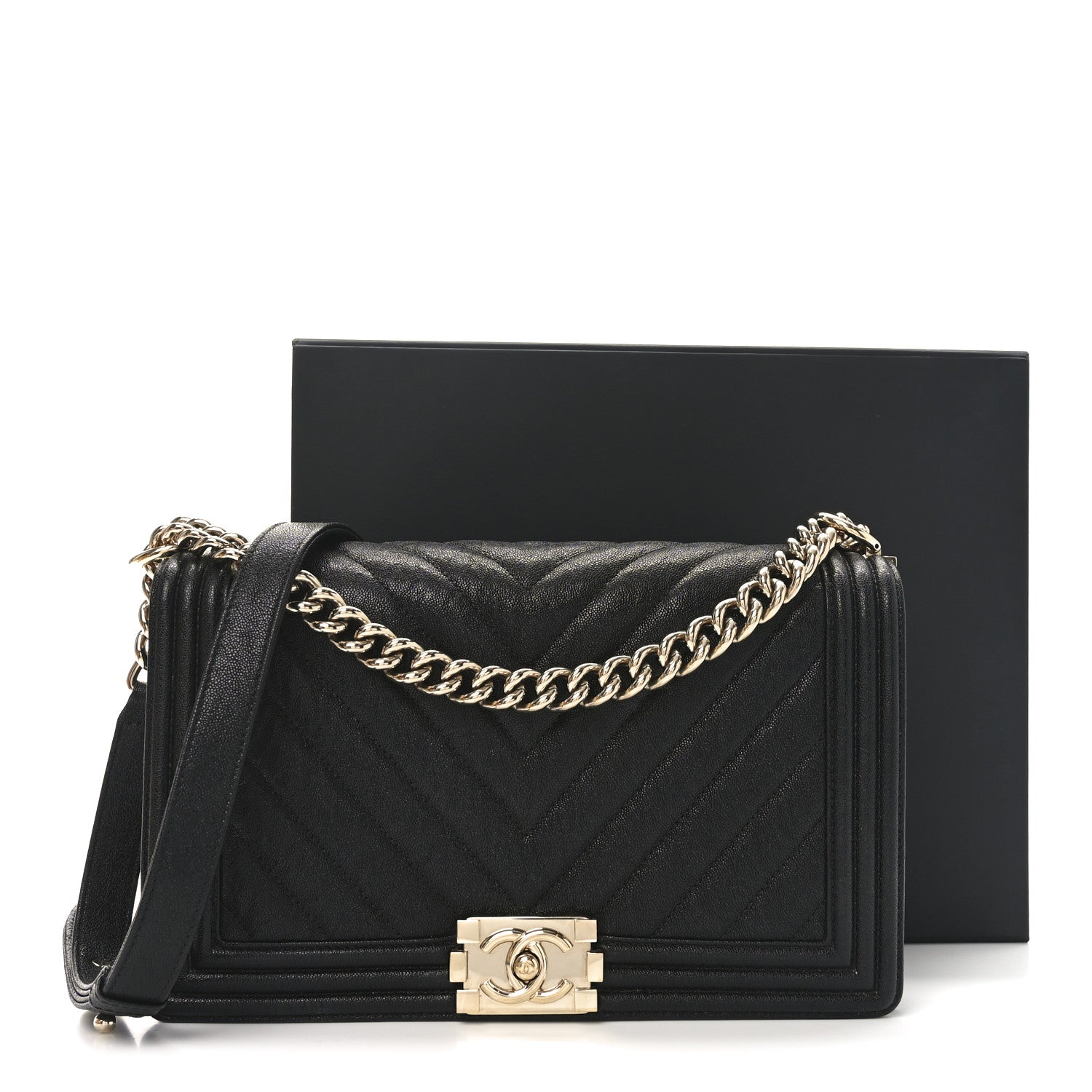 Caviar Chevron Quilted New Medium Boy Flap Black