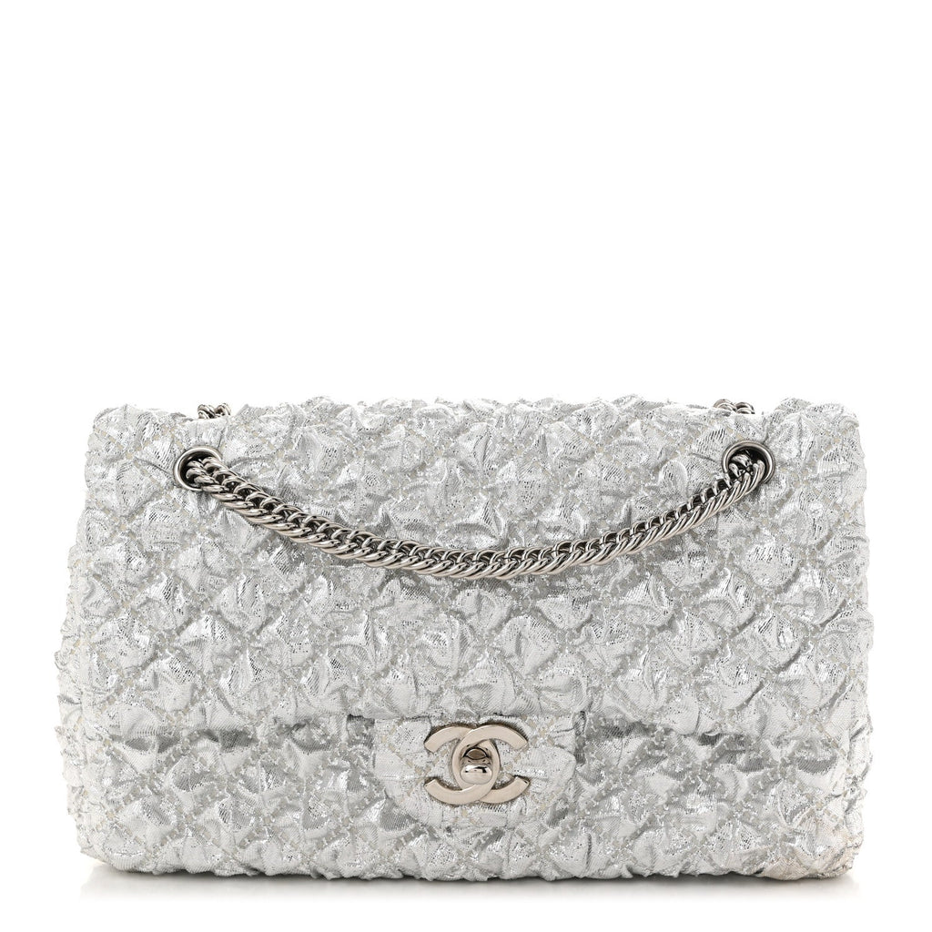 Metallic Lame Quilted Small Double Flap Silver