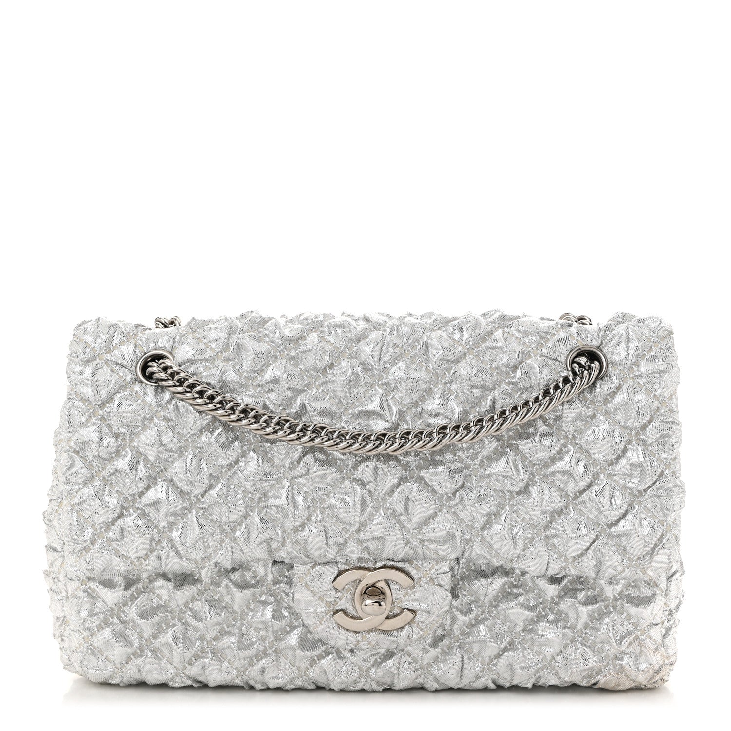 Metallic Lame Quilted Small Double Flap Silver