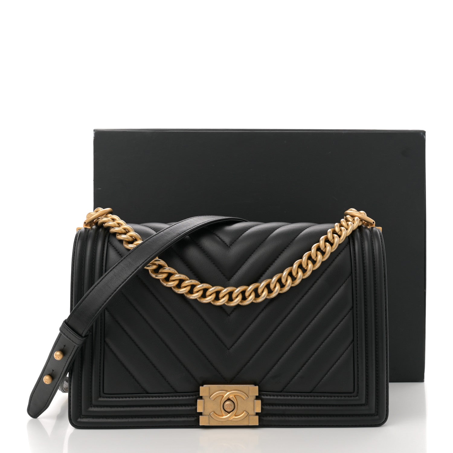 Calfskin Chevron Quilted New Medium Boy Flap Black