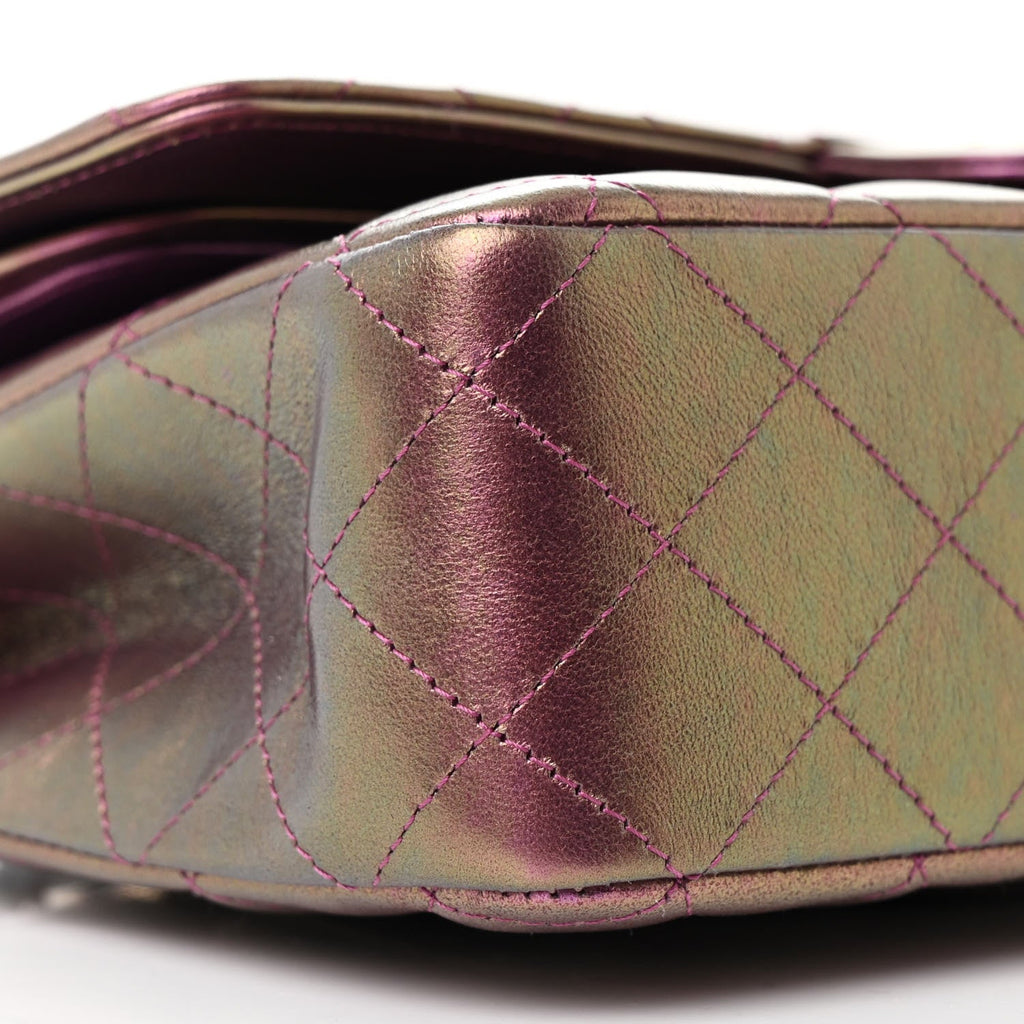 Iridescent Lambskin Quilted Medium Double Flap Purple