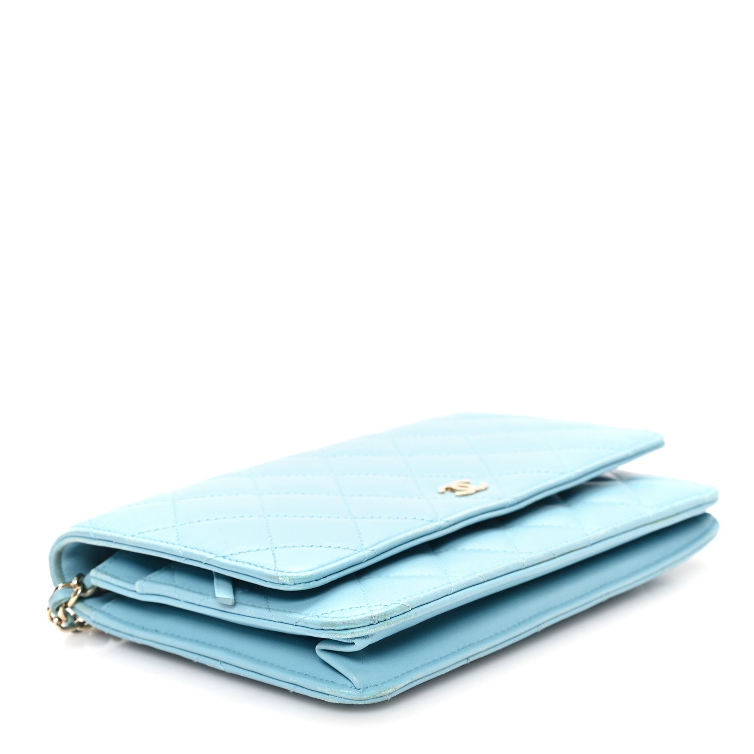Lambskin Quilted Mini Wallet On Chain WOC Light Blue