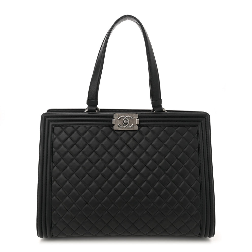 Calfskin Quilted Boy Shopping Tote Black