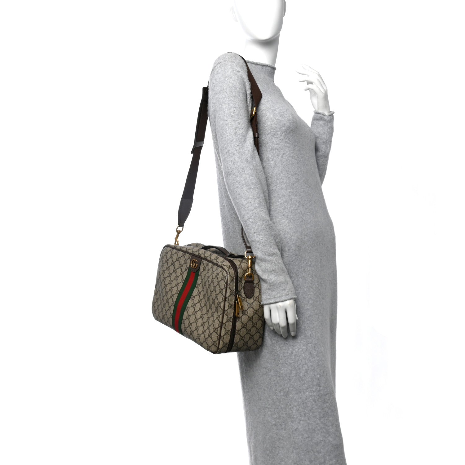GG Supreme Monogram Textured Dollar Web Savoy Travel Shoe Bag Beige Ebony New Acero