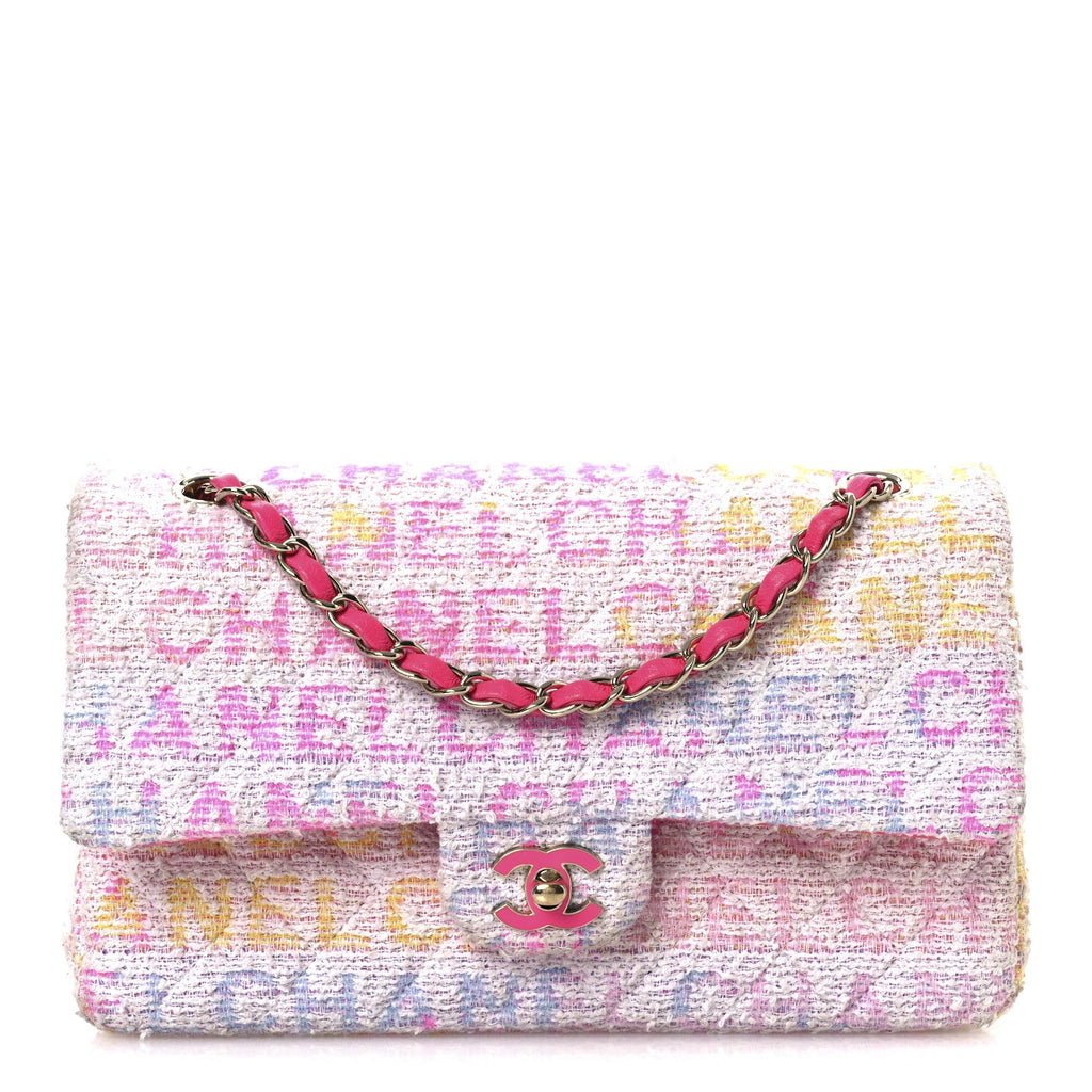 Tweed Quilted Enamel CC Logo Medium Double Flap Pink Multicolor