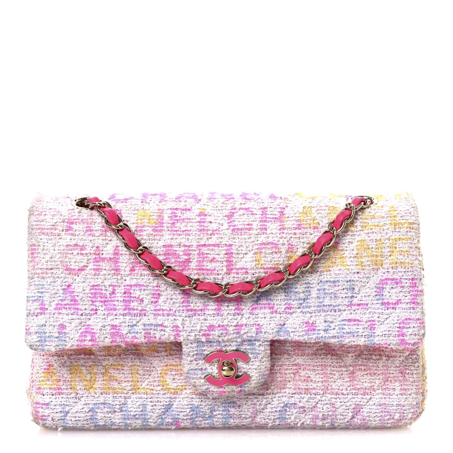 Tweed Quilted Enamel CC Logo Medium Double Flap Pink Multicolor