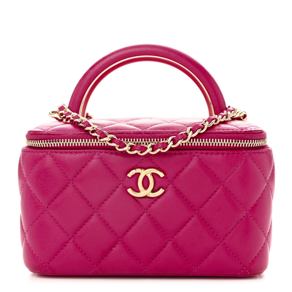 Lambskin Quilted Small Charming Top Handle Vanity Case With Chain Dark Pink