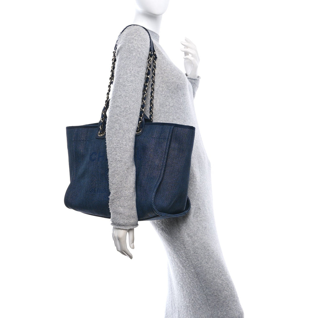 Mixed Fibers Calfskin Medium Deauville Tote Navy Blue