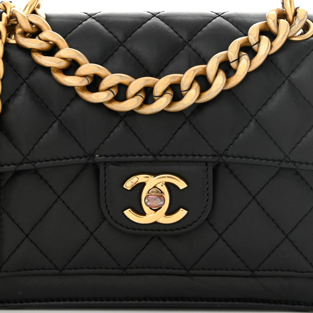 Aged Calfskin Quilted Double You Mini Flap Black