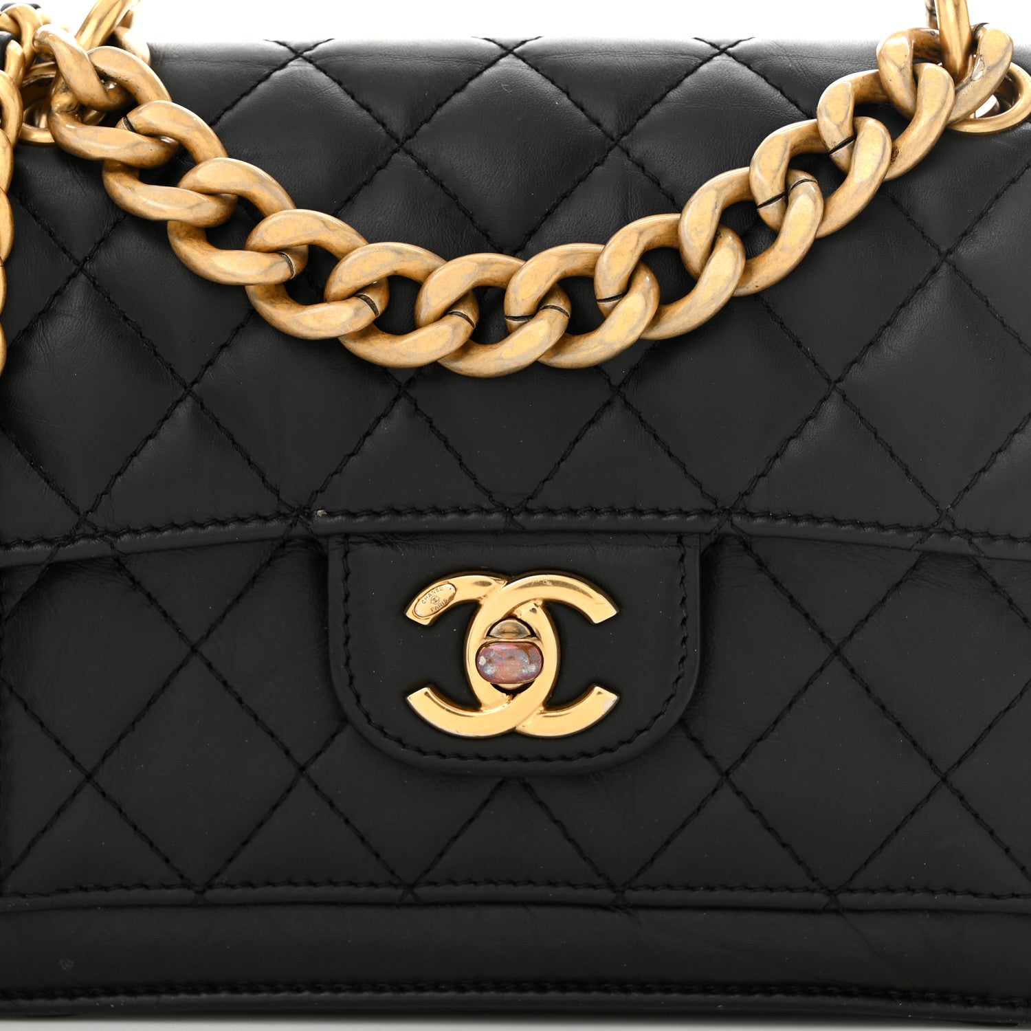 Aged Calfskin Quilted Double You Mini Flap Black