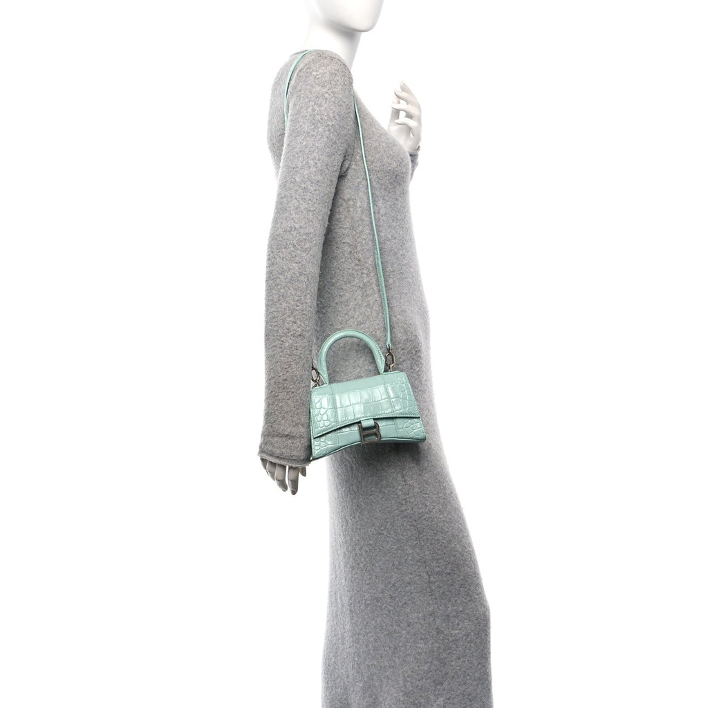 Shiny Calfskin Crocodile Embossed Hourglass Top Handle Bag XS Green Acqua