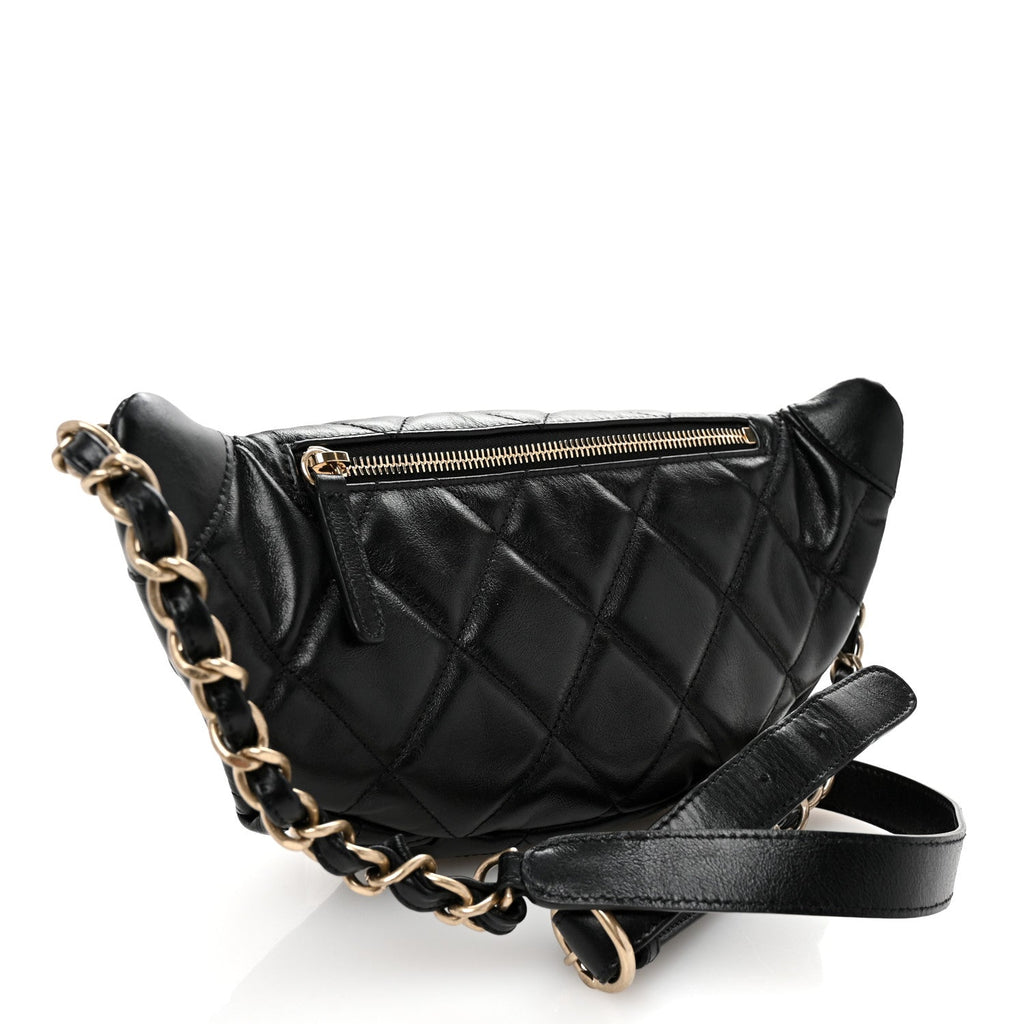 Shiny Aged Calfskin Quilted CC Pockets Jacket Waist Belt Bag Black