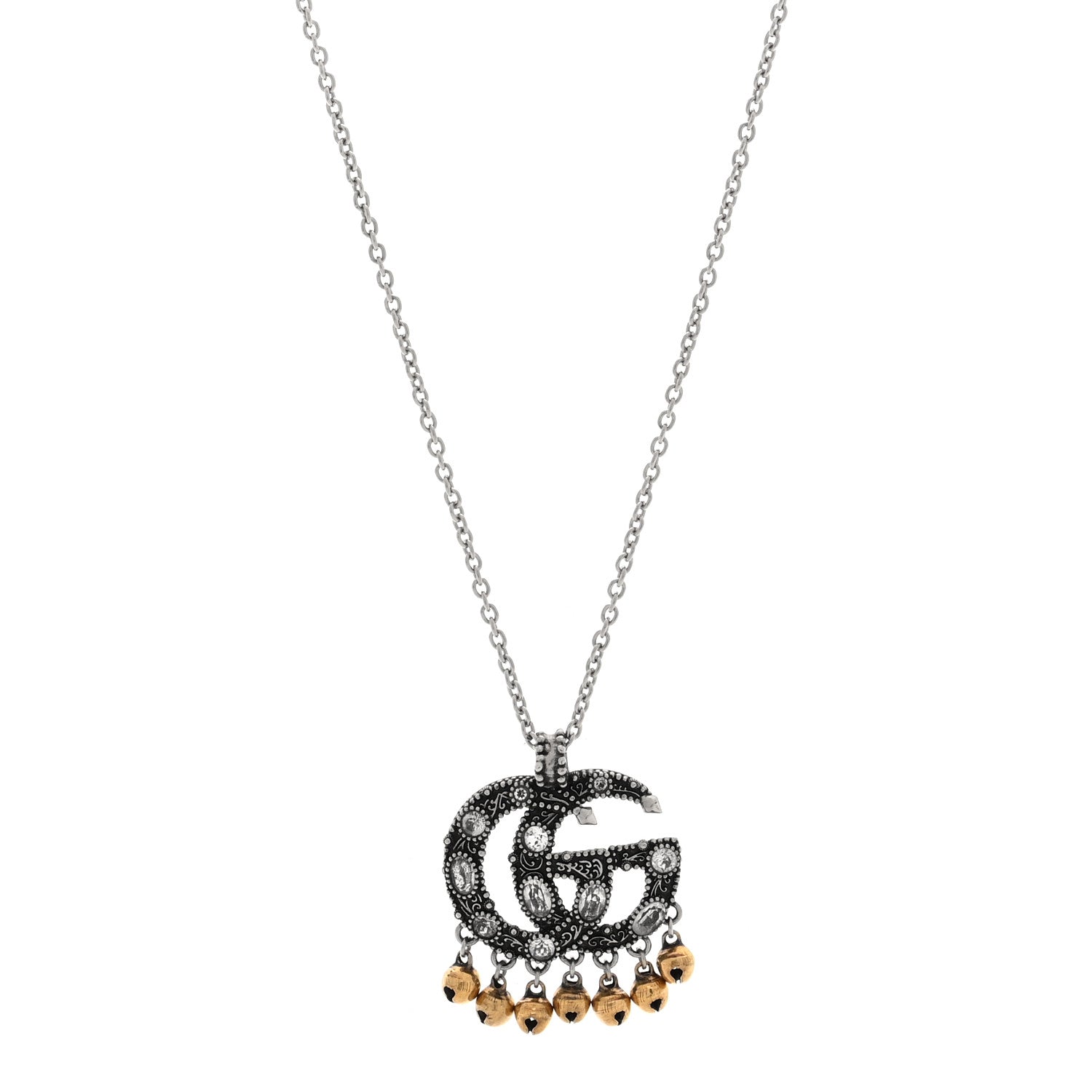 Metal Crystal Double G Bell Fringe Pendant Necklace Gold Silver