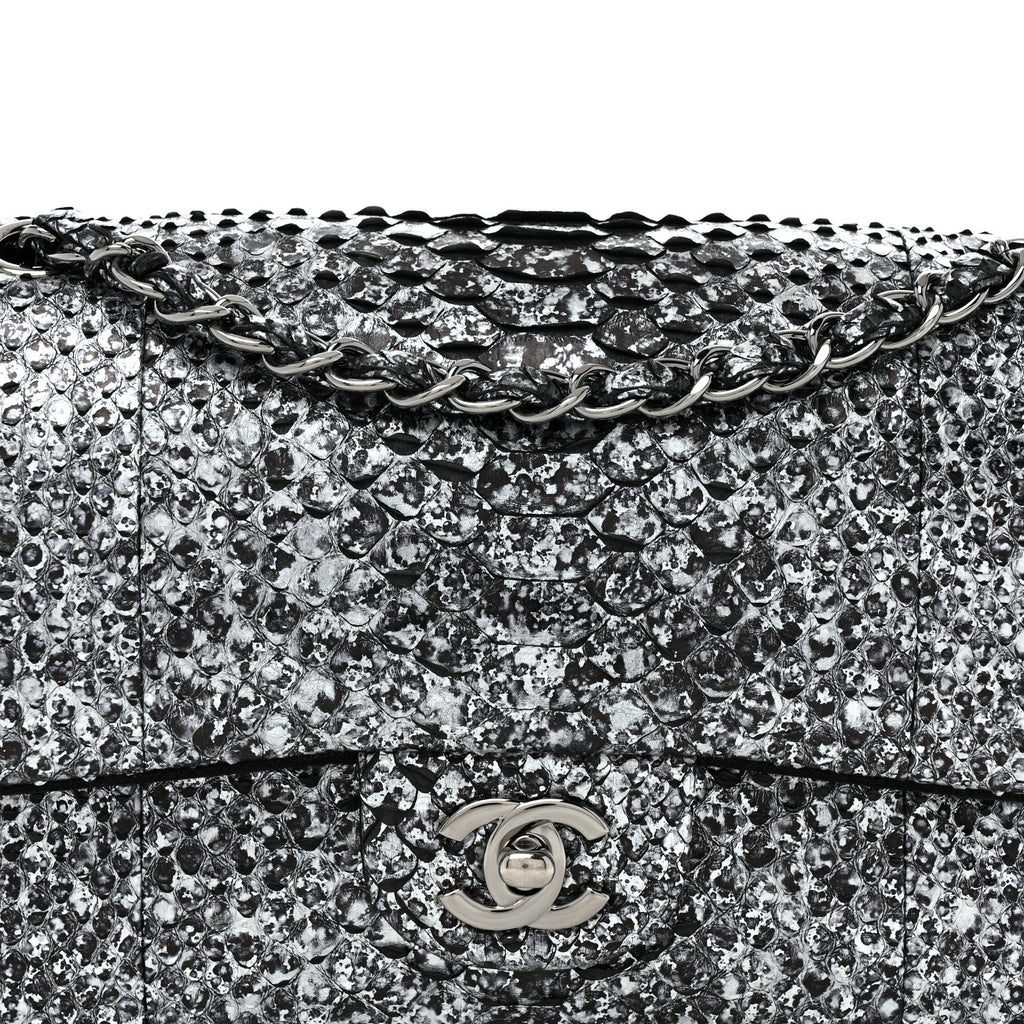 Metallic Snakeskin Medium Double Flap Black Silver