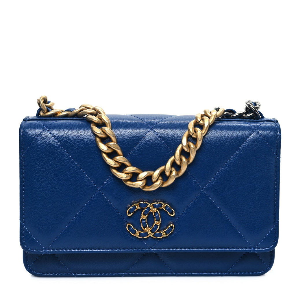 Shiny Goatskin Quilted Chanel 19 Wallet On Chain WOC  Blue