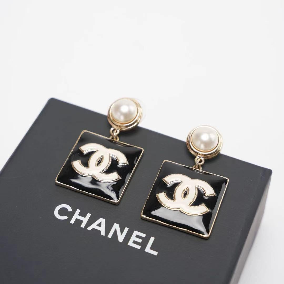Chanel Metal Resin Pearl Square CC Drop Earrings Gold Black White