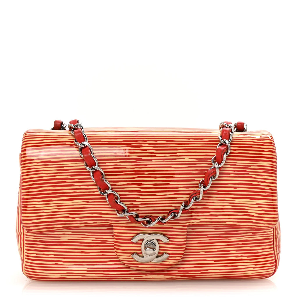 Patent Calfskin Striped Mini Rectangular Flap Red