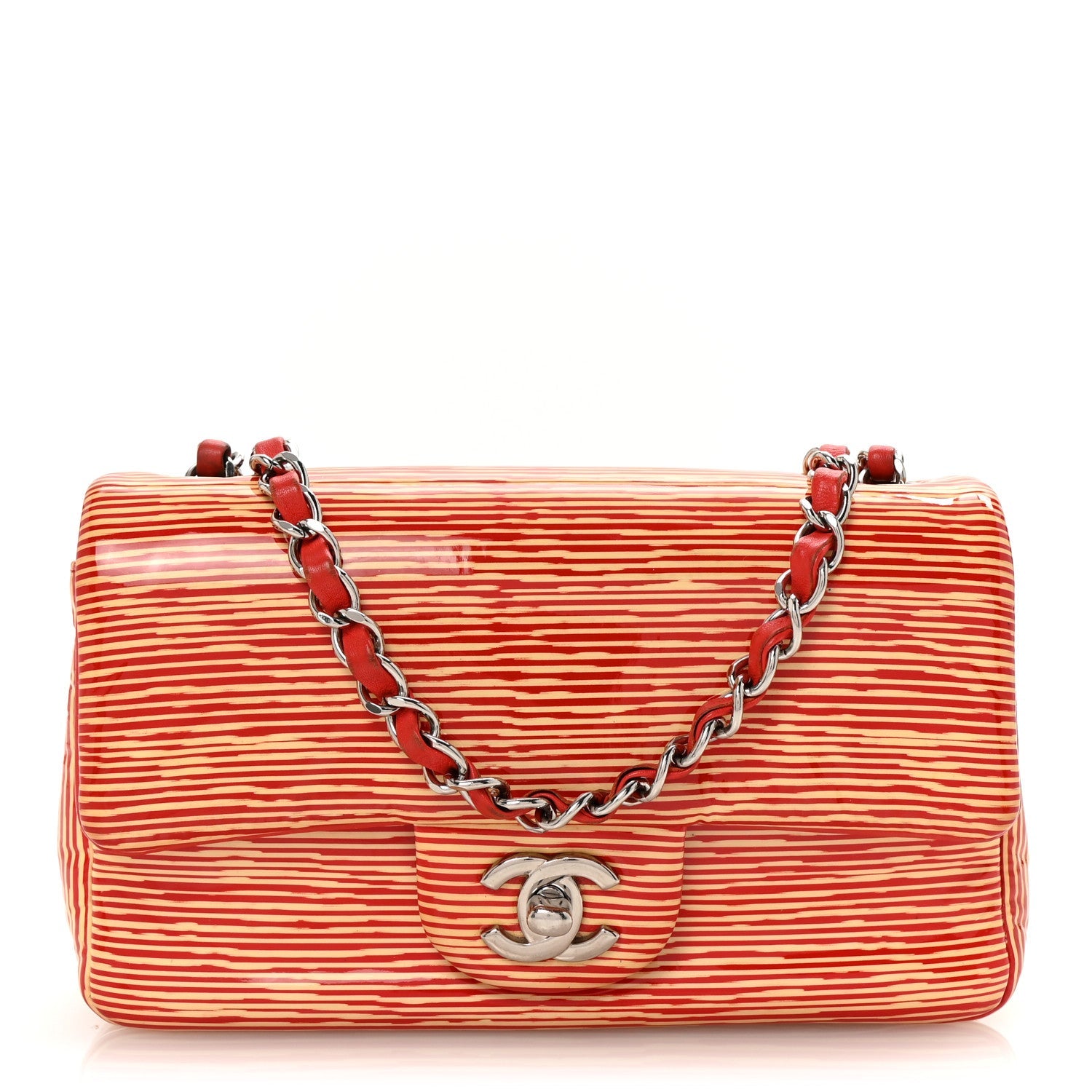 Patent Calfskin Striped Mini Rectangular Flap Red