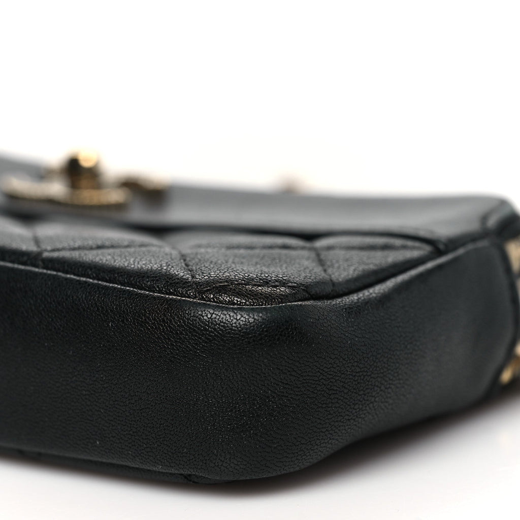 Metallic Sheepskin Chevron Quilted Small Vintage Mademoiselle Clutch With Chain Black