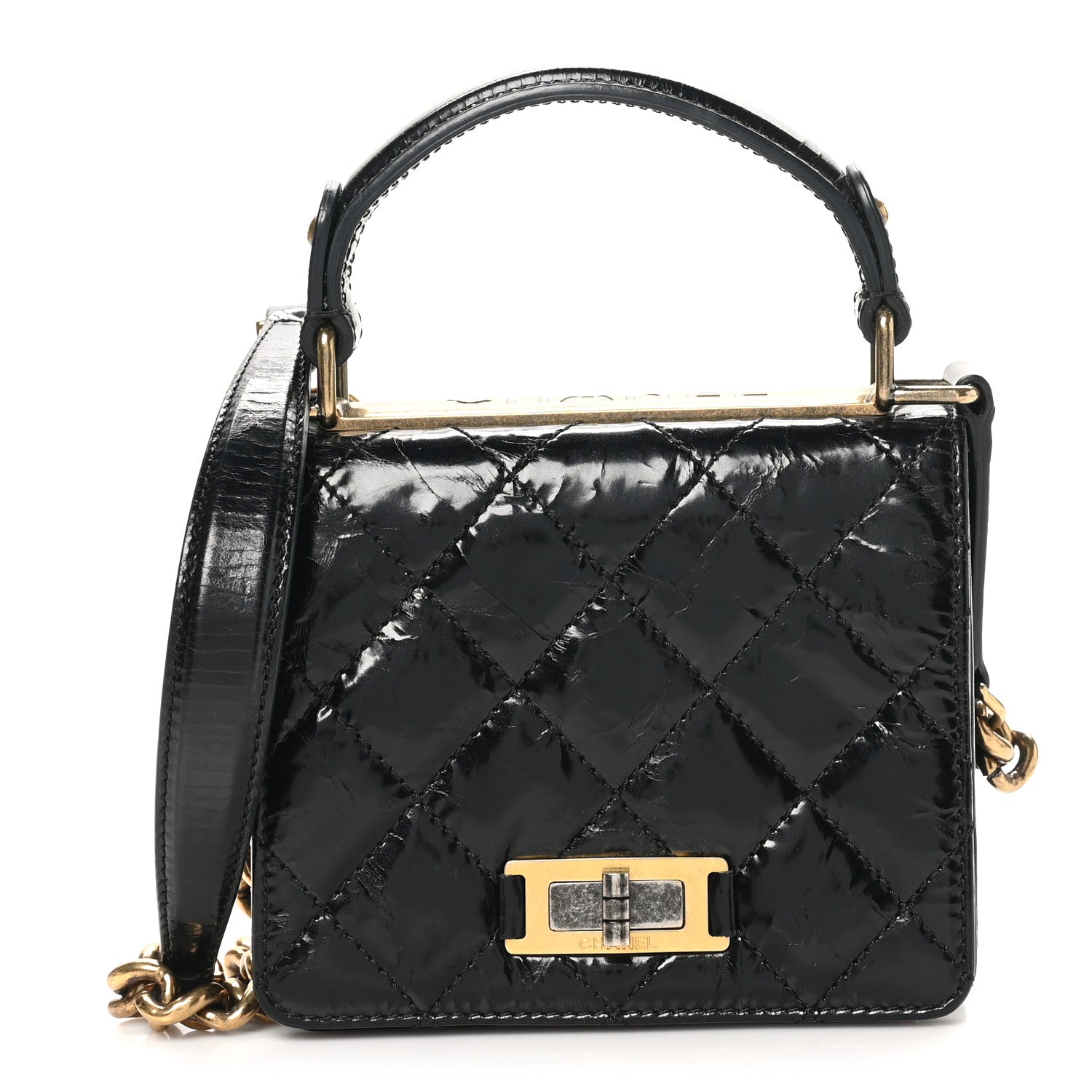 Glazed Crumpled Calfskin Quilted Mini Rita Top Handle Flap Black