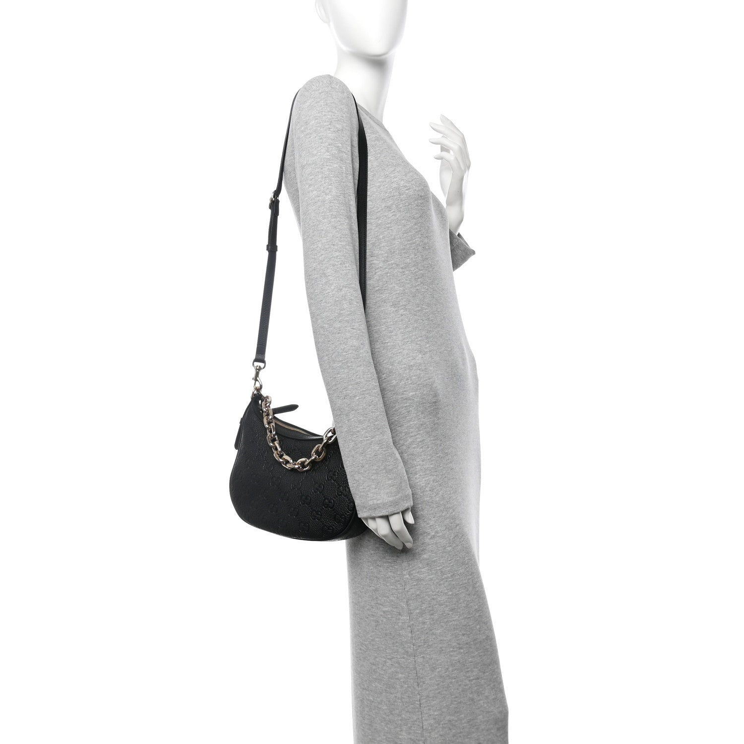 Grainy Calfskin GG Embossed Emblem Small Half Moon Shoulder Bag Black
