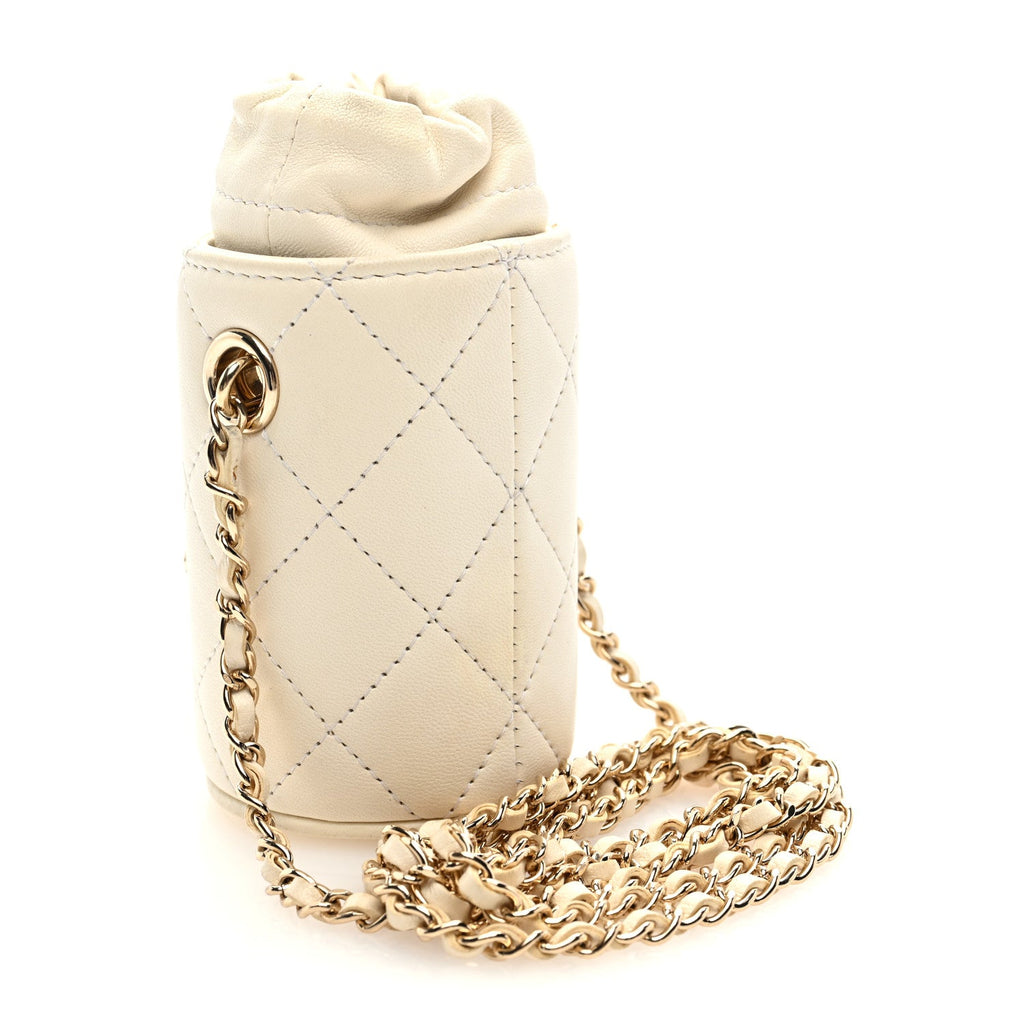 Lambskin Quilted Mini Bucket Bag With Chain White