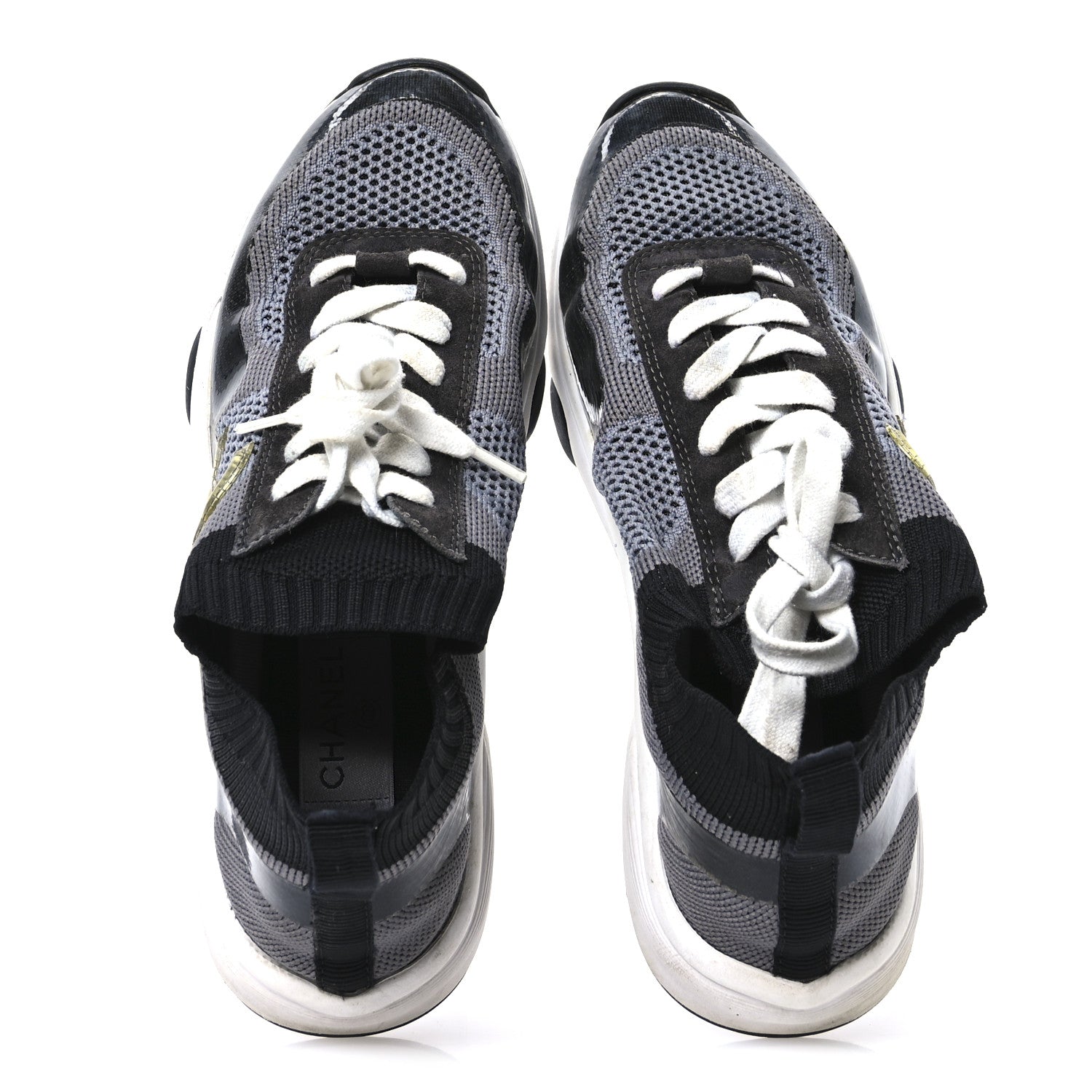 Fabric Suede Calfskin Womens CC Sneakers 38.5  Black Grey