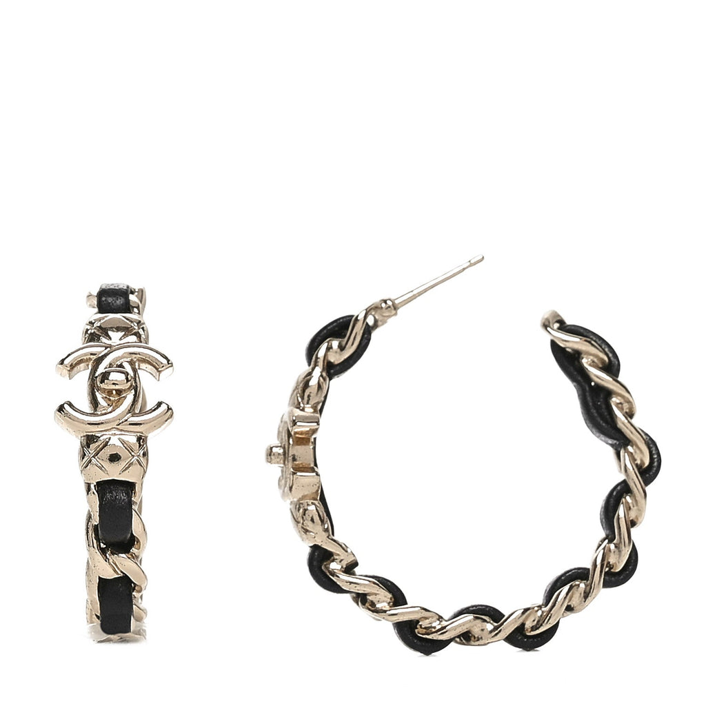 Metal Lambskin Quilted CC Turnlock Chain Hoop Earrings Gold Black