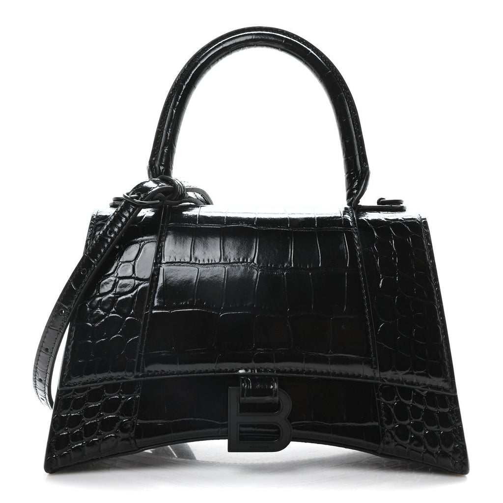 Shiny Calfskin Monochrome Crocodile Embossed Small Hourglass Top Handle Bag Black