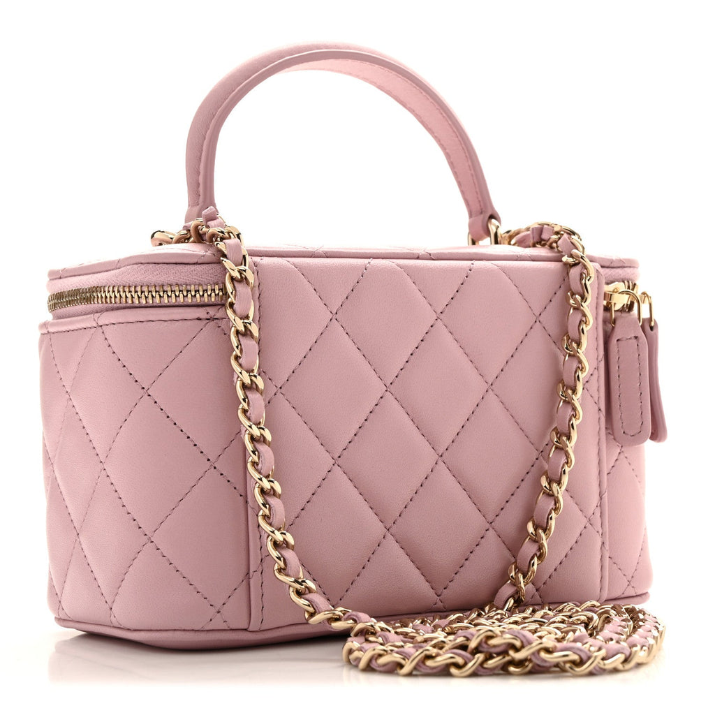 Lambskin Quilted Small Top Handle Vanity Case With Chain Pink