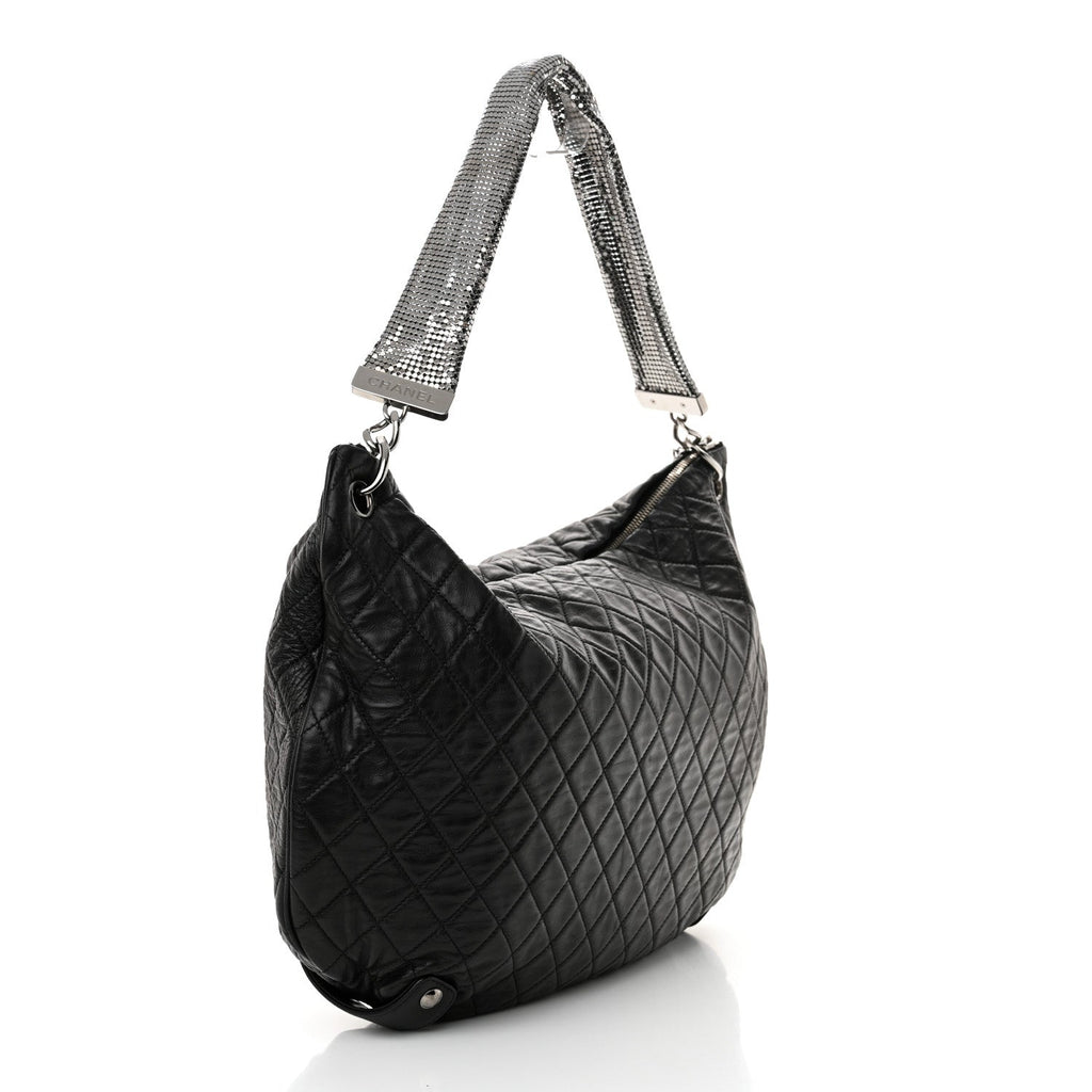 Lambskin Large Chain Mail Hobo Black