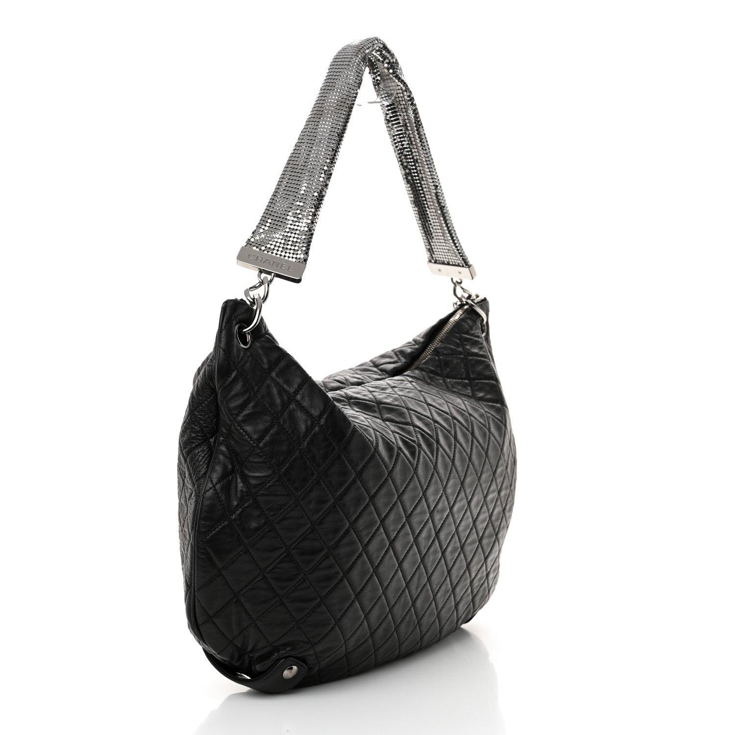 Lambskin Large Chain Mail Hobo Black
