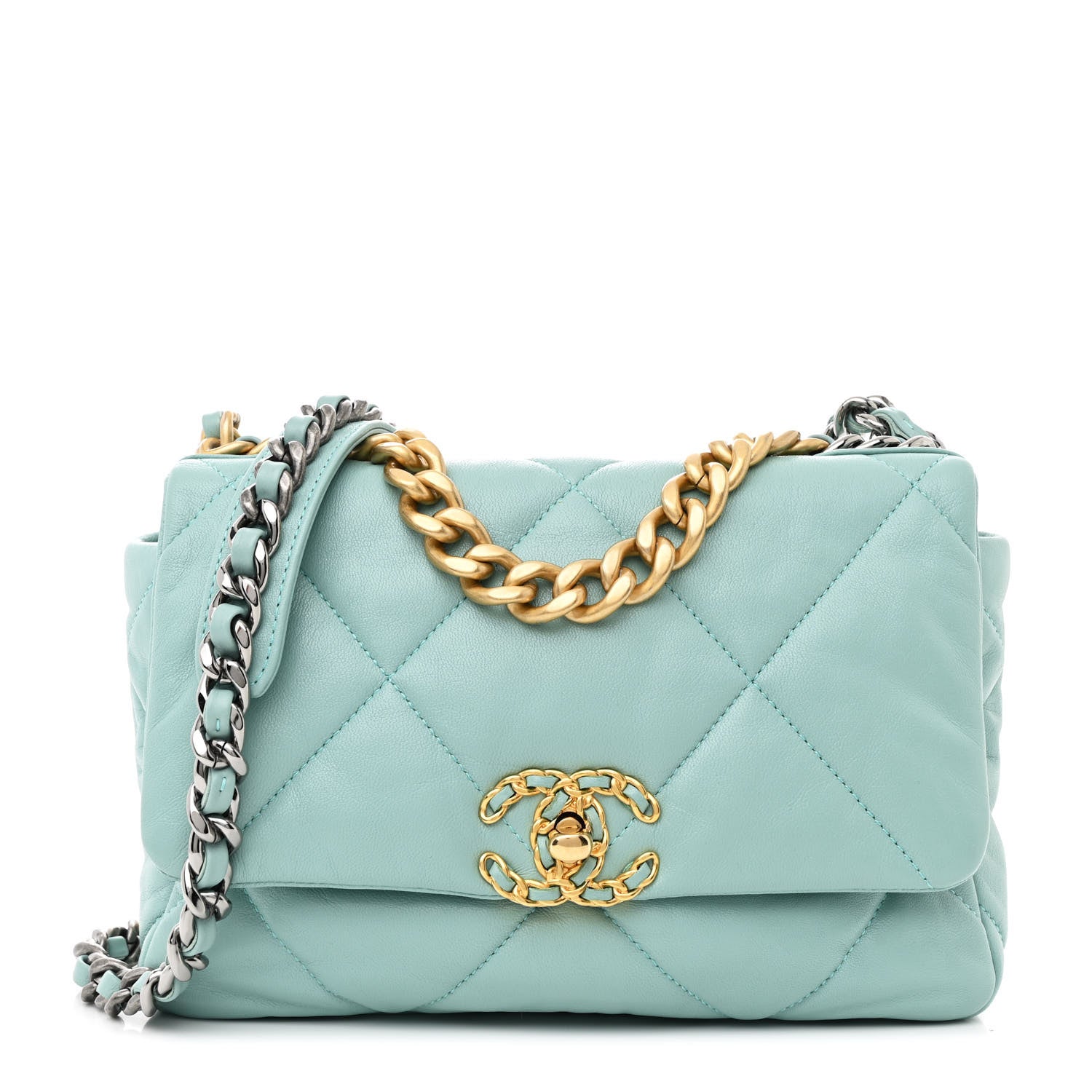 Shiny Lambskin Quilted Medium Chanel 19 Flap Neon Blue