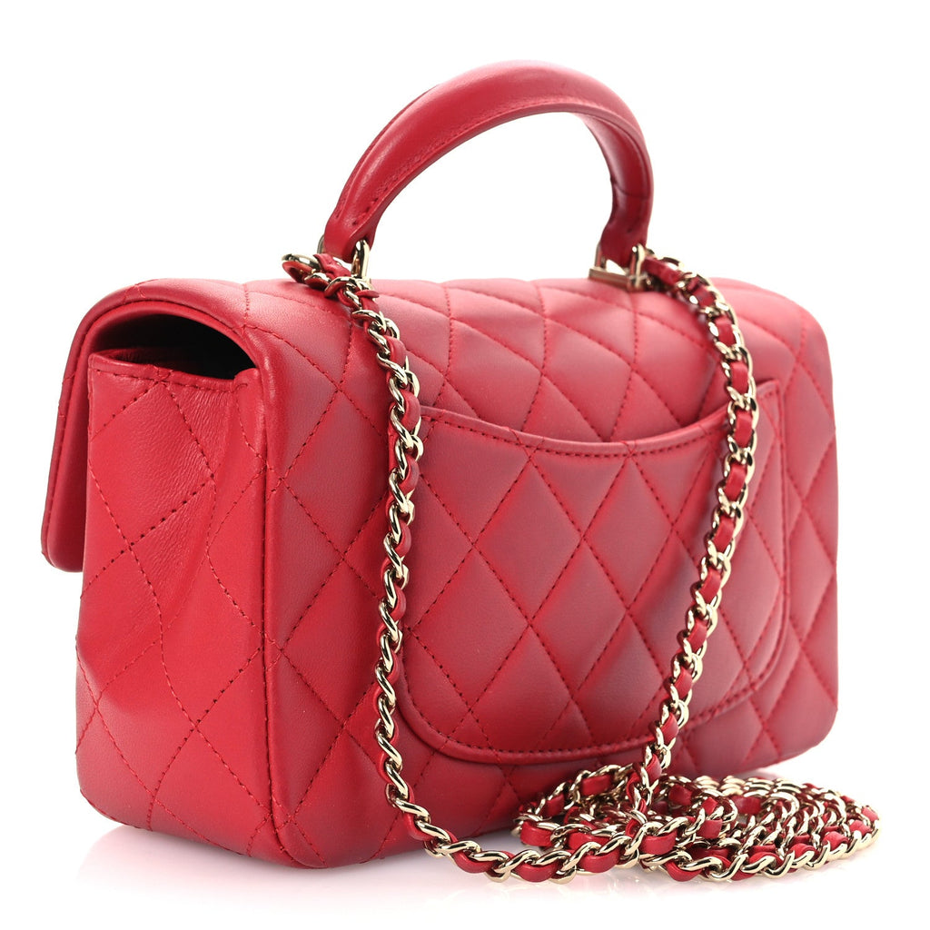 Lambskin Quilted Mini Top Handle Rectangular Flap Red
