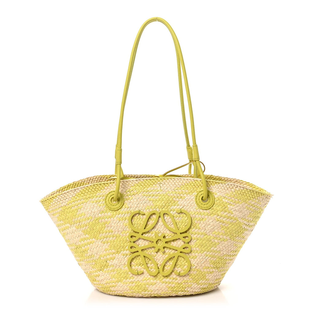 Calfskin Raffia Paulas Ibiza Small Anagram Basket Tote Bag Natural Lime Green