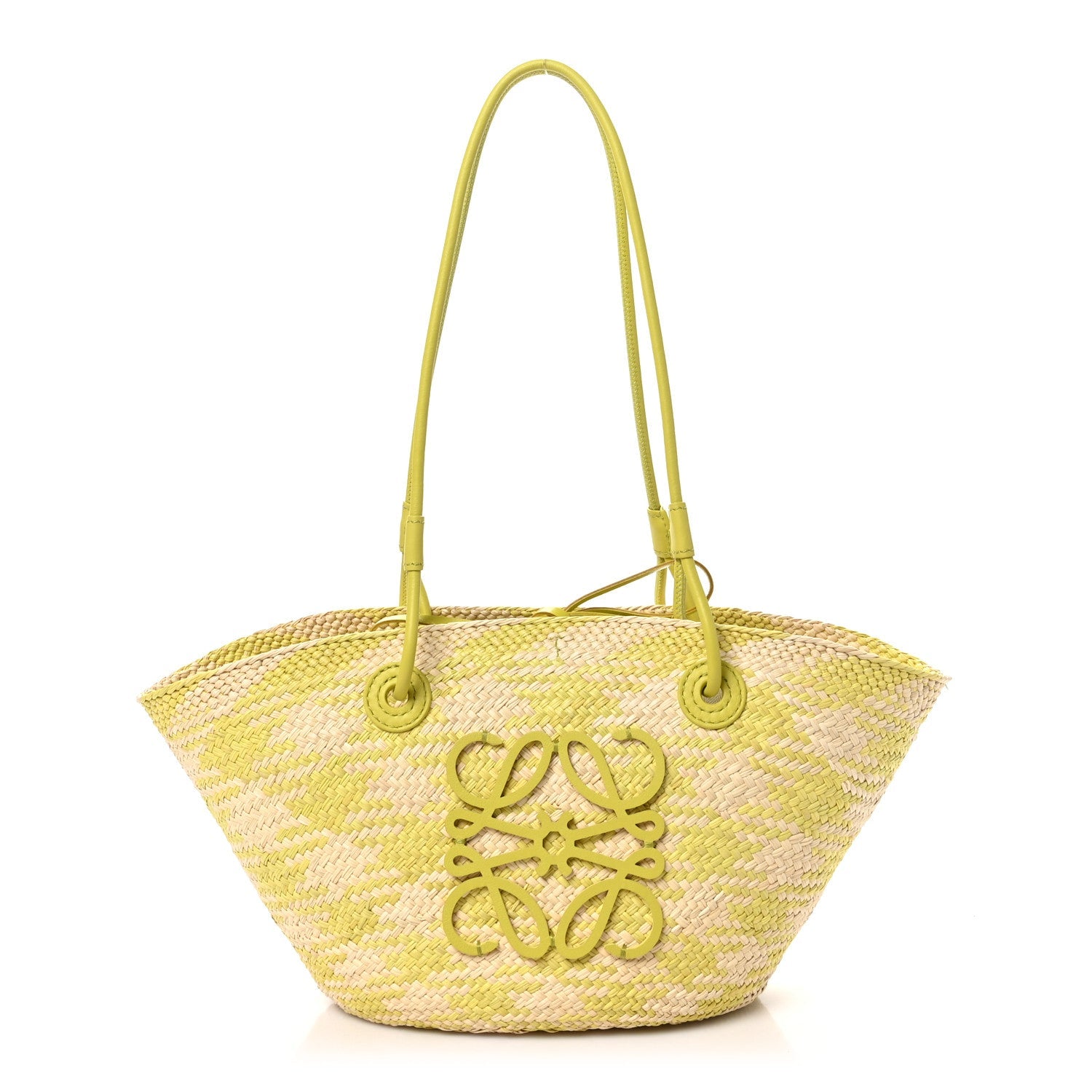 Calfskin Raffia Paulas Ibiza Small Anagram Basket Tote Bag Natural Lime Green