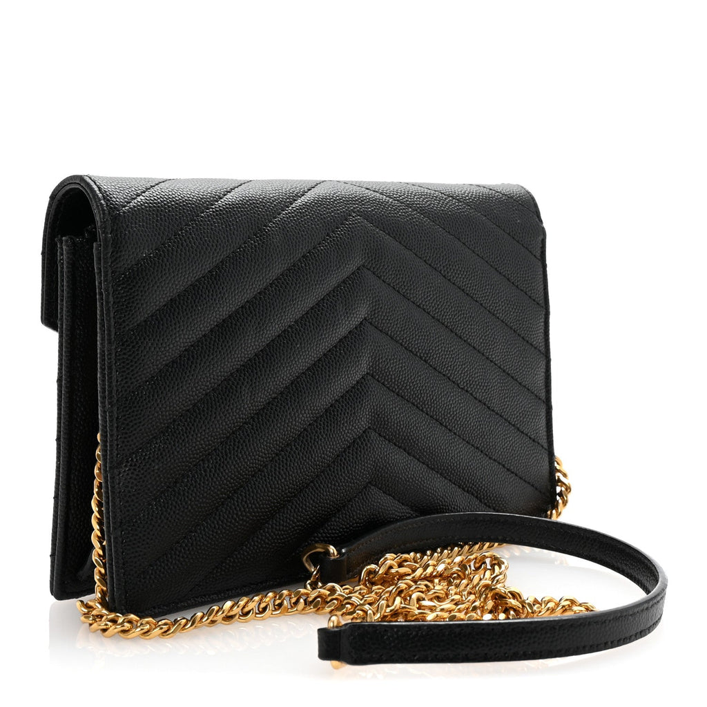 Grain De Poudre Matelasse Chevron Monogram Envelope Chain Wallet Black